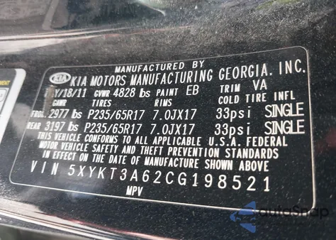 2012 Kia Sorento Lx from USA, damaged, VIN 5XYKT3A62CG198521